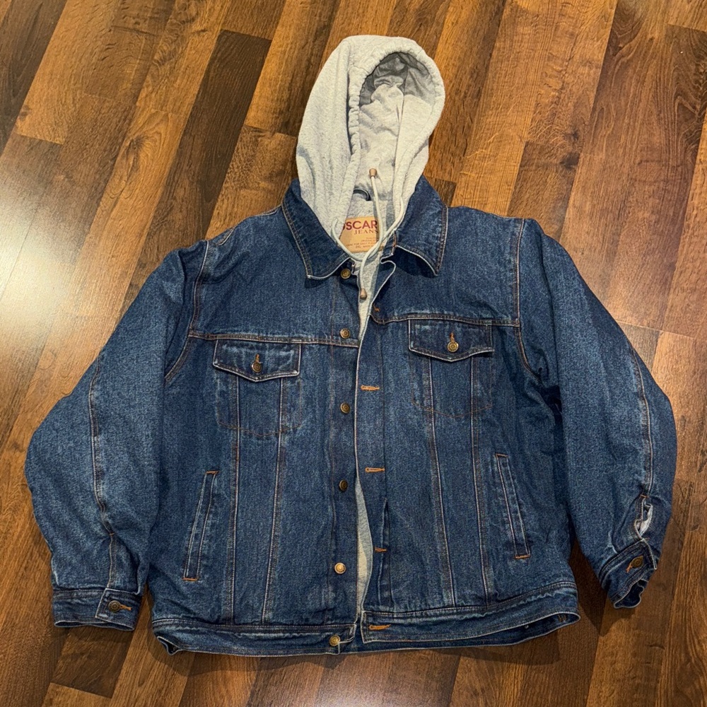 Vintage Oscar Jeans Mens Denim Jacket with Gray Hood size XXL